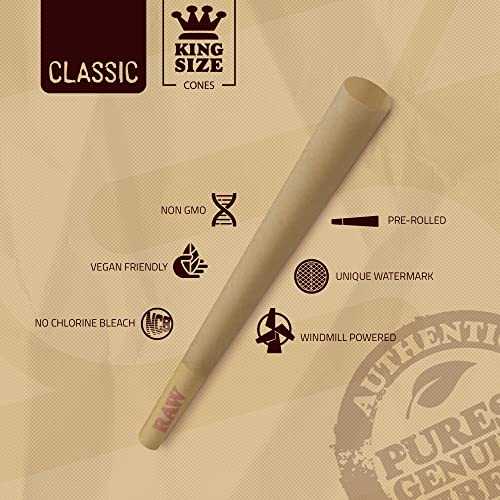 RAW Cones Classic King Size | 100 Pack | Natural Pre Rolled Paper with Tips and Packing Tubes Included
