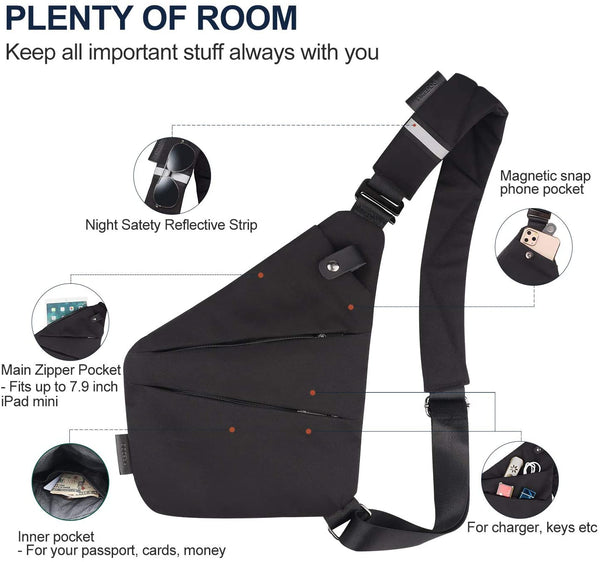 Black Smell Proof Nylon Shoulder Bag, Reflective strip , Magnetic snap phone pocket