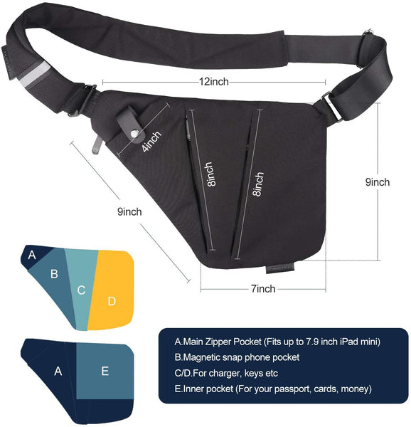 Black Smell Proof Nylon Shoulder Bag, Reflective strip , Black Smell Proof Nylon Shoulder Bag, Reflective strip , Magnetic snap phone pocket, 12 inch x 9 inch x 7 inch x 9 inch