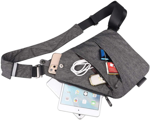 Grey Smell Proof Nylon Shoulder Bag, Reflective strip , Black Smell Proof Nylon Shoulder Bag, Reflective strip , Magnetic snap phone pocket, 12 inch x 9 inch x 7 inch x 9 inch