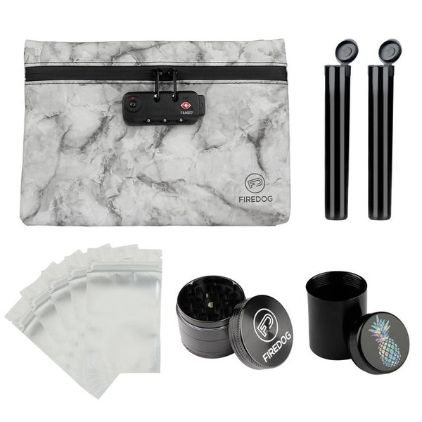 Firedog White Marble Smell Proof Leather Pouch & Grinder Set, Tray, capsules, baggies