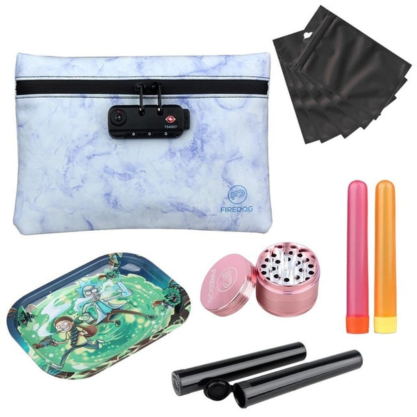 Blue Marble Smell Proof Leather Pouch & Grinder Set, Tray, capsules, baggies