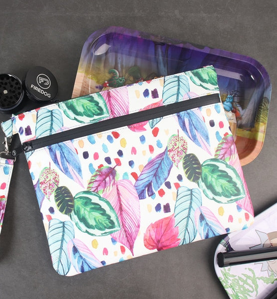 Leaves Pattern Vibrant Patterned Smell Proof Pouch, 10.55 in x 5.8 in