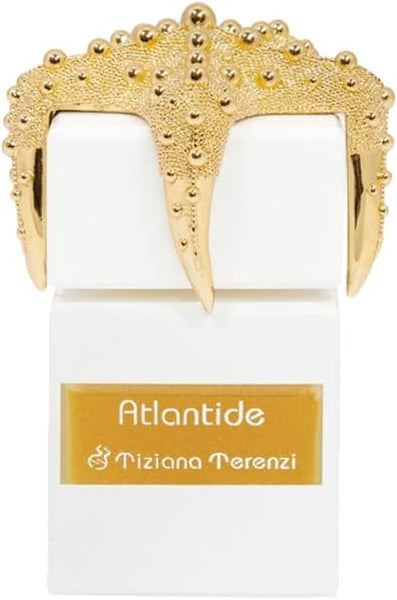 Tiziana Terenzi Atlantide white bottle topped with a gold granulated sea creature