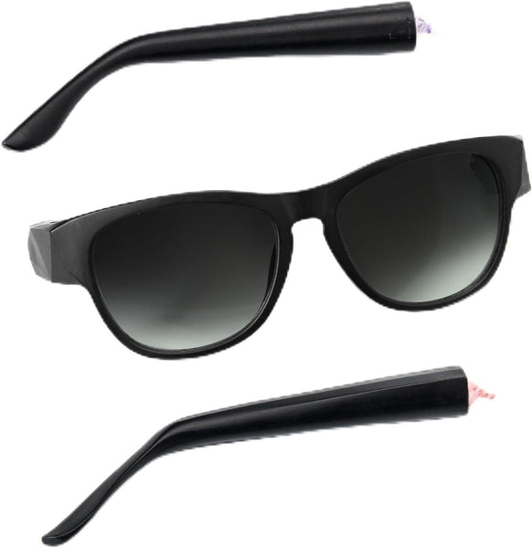 Sunglasses with a concealed conical storage tube built into the temple