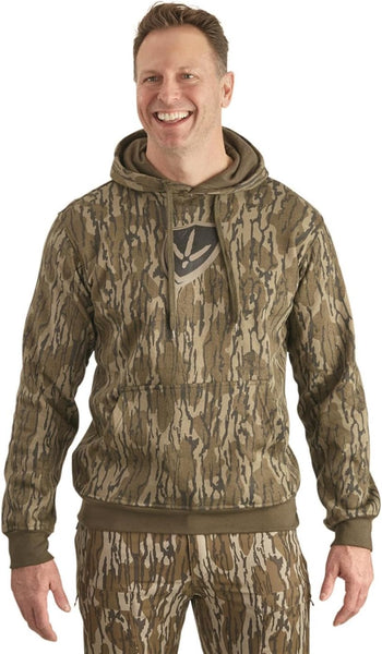 Man wearing the Blocker Outdoors Finisher camo hoodie, front view