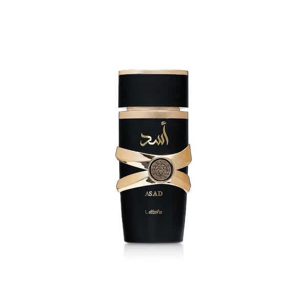 Lattafa Asad 3.4 oz eau de parfum, black bottle with gold detailing