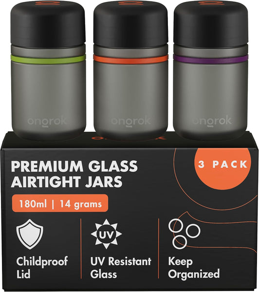 ONGROK UV frosted glass storage jars, 180 ml three-pack with colour-coded rings