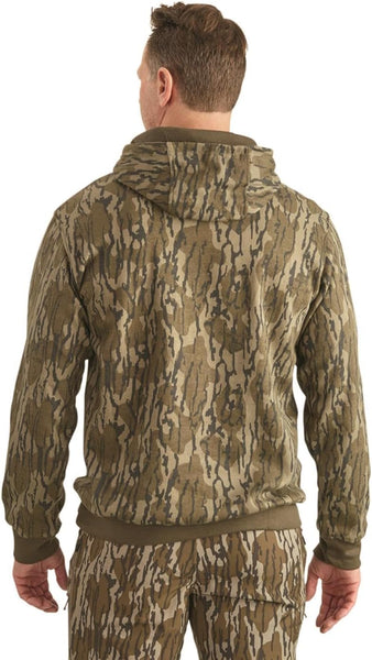 Back view of the Blocker Outdoors Finisher camo hoodie on a model