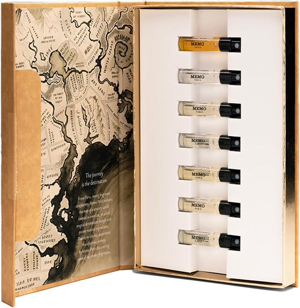 Memo Paris Journey Book case open to show seven 1.5 ml eau de parfum vials