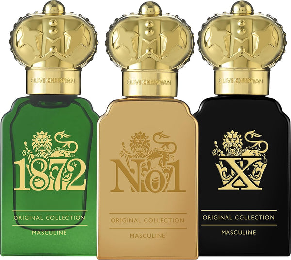 Clive Christian 1872, No1 and X masculine travel bottles standing side by side in green, gold and black