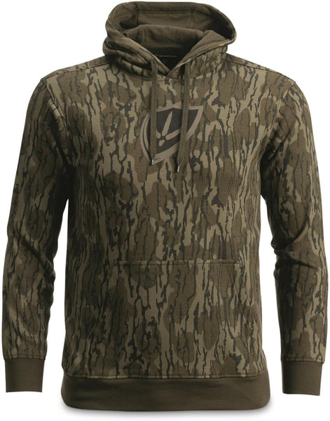 Blocker Outdoors Finisher hoodie in Mossy Oak Bottomland camo, laid flat front view