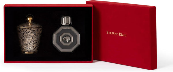 Stefano Ricci Royal Eagle Black coffret open to show the candle and eau de parfum bottle