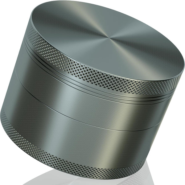 Three inch grey aluminium alloy grinder with a storage compartment in the base