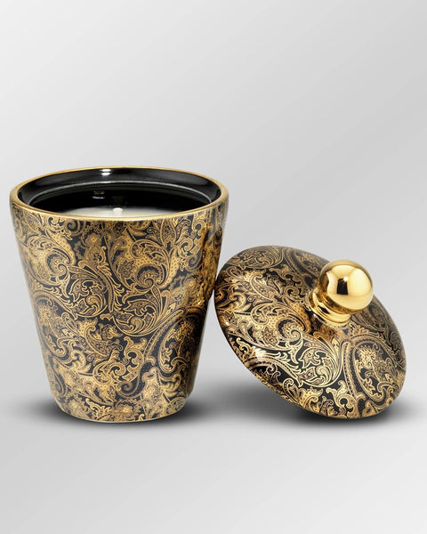 Stefano Ricci black and gold paisley porcelain candle with its lid