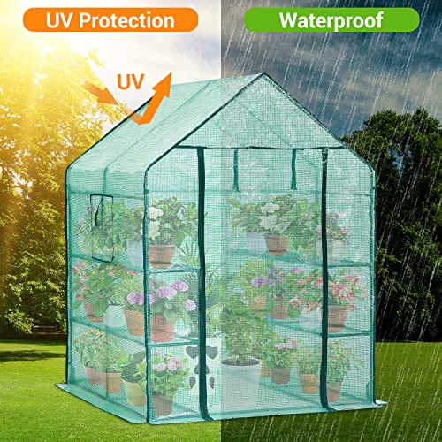 Greenhouse for Outdoors with Screen Windows, Ohuhu Walk in Plant Greenhouses Heavy Duty with Durable PE Cover, 3 Tiers 12 Shelves Stands 4.8x4.8x6.3 FT Plastic Portable Green House with Shelf Clips