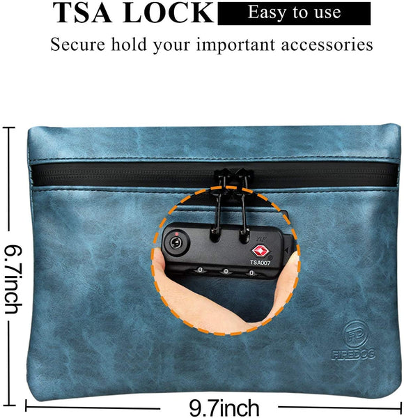 Firedog Blue Smell Proof Leather Pouch TSA Lock, 9.7 inch x 6.7 inch