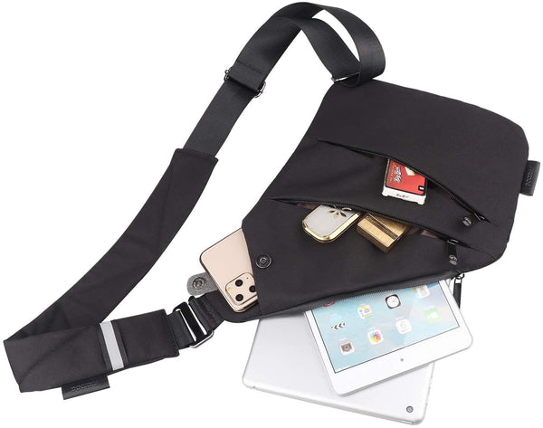 Black Smell Proof Nylon Shoulder Bag, Reflective strip , Magnetic snap phone pocket