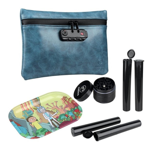 Blue Leather Smell Proof Leather Pouch & Grinder Set, Tray, capsules, baggies