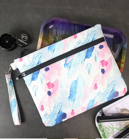 Water Color Vibrant Patterned Smell Proof Pouch, 10.55 in x 5.8 in